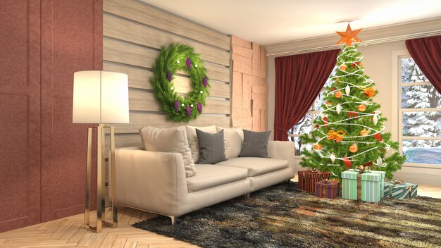 Kerstboom illustratie in woonkamer interieur