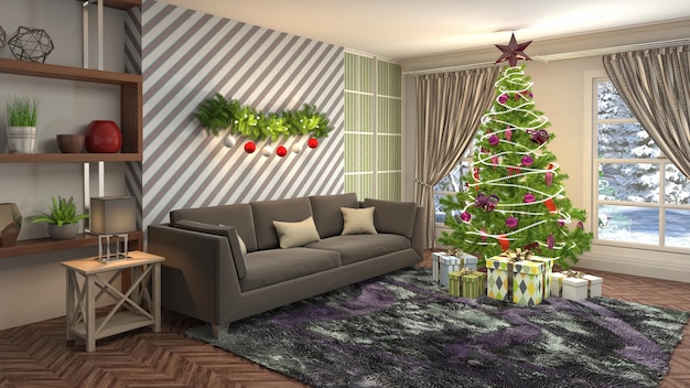 Kerstboom illustratie in woonkamer interieur