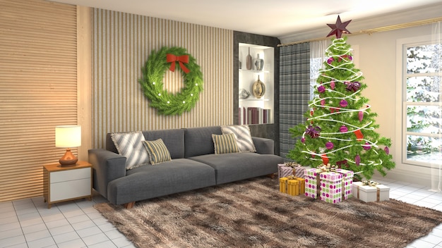 Kerstboom illustratie in woonkamer interieur