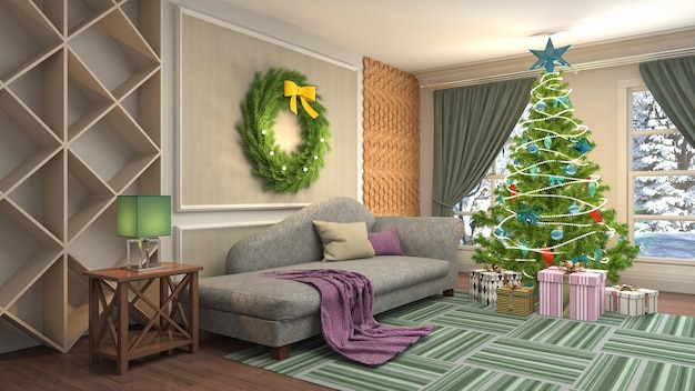 Kerstboom illustratie in woonkamer interieur