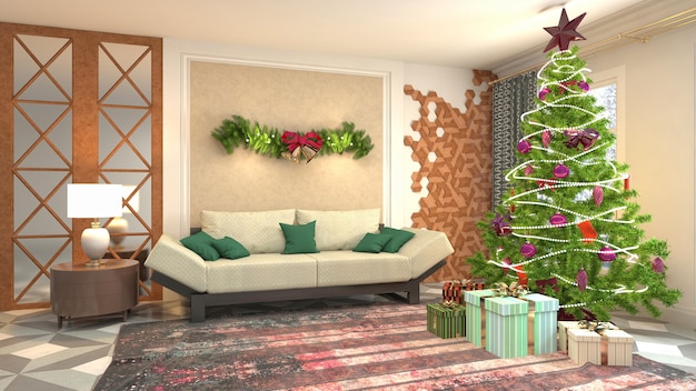 Kerstboom illustratie in woonkamer interieur