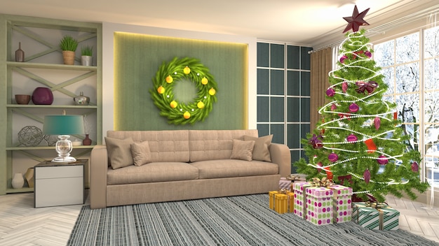 Kerstboom illustratie in woonkamer interieur