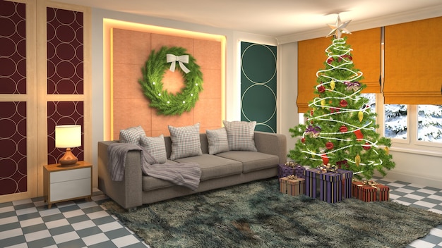 Kerstboom illustratie in woonkamer interieur