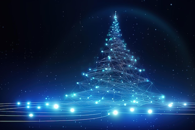 Kerstboom illustratie met blauwe neurale verbindingspunten lijnen en gloeiende punten Generatieve Ai