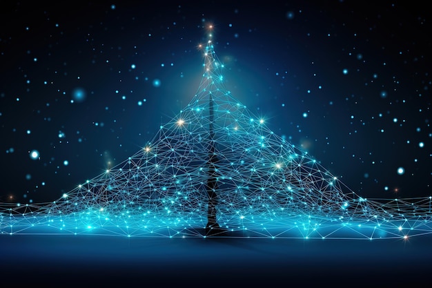 Kerstboom illustratie met blauwe neurale verbindingspunten lijnen en gloeiende punten Generatieve Ai