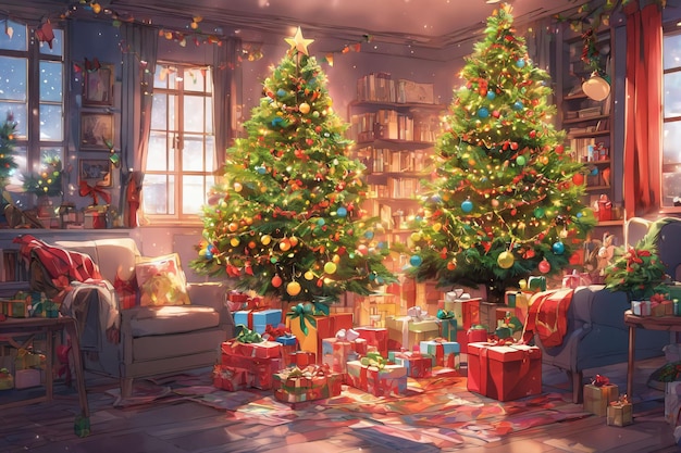 Kerstboom in anime-stijl versierd met oogkleppen met geschenkdozen Aroundxmas-behang