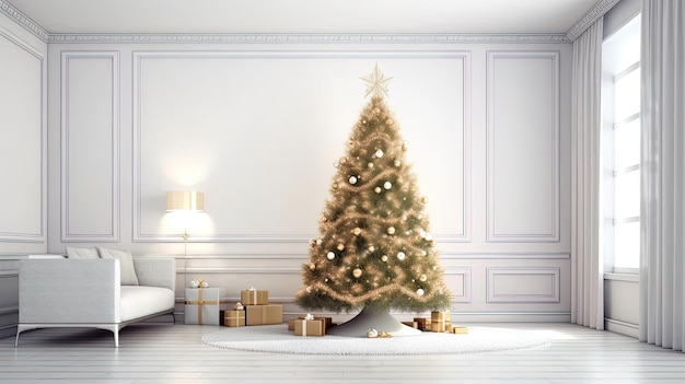 Kerstboom in een 3D-weergave van een helder lege witte woonkamer AI generatief