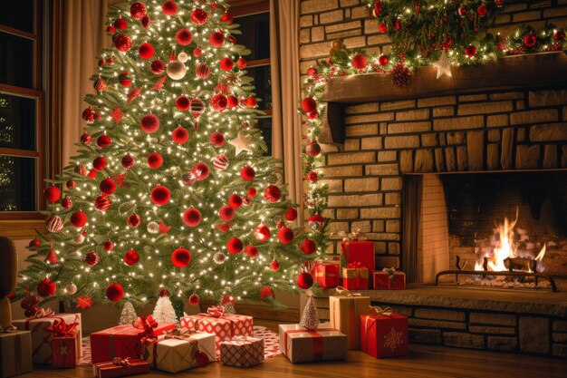 Kerstboom in een woonkamer met een open haard