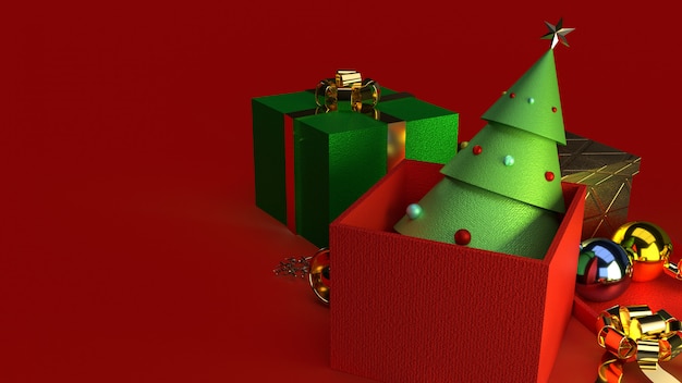 Kerstboom in geschenkdoos 3D-rendering voor Kerstmis inhoud.