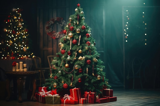 Kerstboom ingericht in een vakantiefeest Kerst achtergrond AI gegenereerde afbeelding