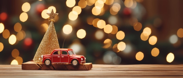 Kerstboom met autospeelgoed met prachtige bokeh van kerstverlichting op houten tafel