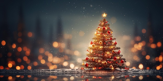 Kerstboom met ballen en wazige schitterende lichten