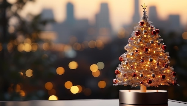 Kerstboom met bokehlichten op vage stadsachtergrond