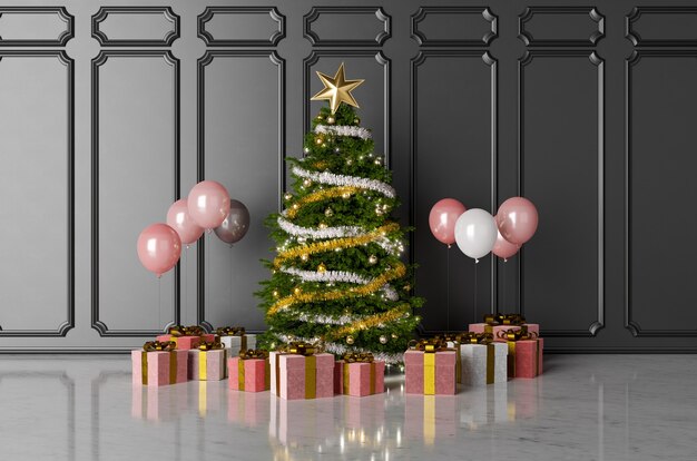 Kerstboom met cadeautjes en ballonnen