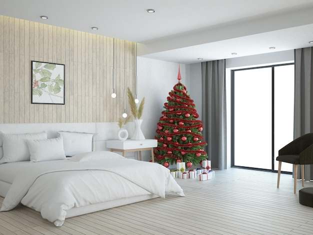 Kerstboom met cadeautjes in kamer met witte muren en raam en bank