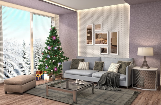 Kerstboom met decoraties in de woonkamer gemaakt illustratie