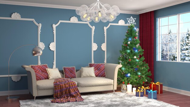 Kerstboom met decoraties in de woonkamer gemaakt illustratie