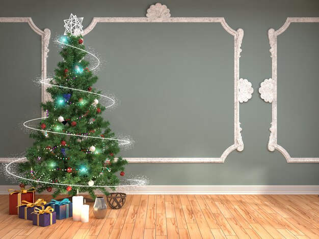 Kerstboom met decoraties in de woonkamer