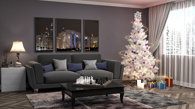 Kerstboom met decoraties in de woonkamer