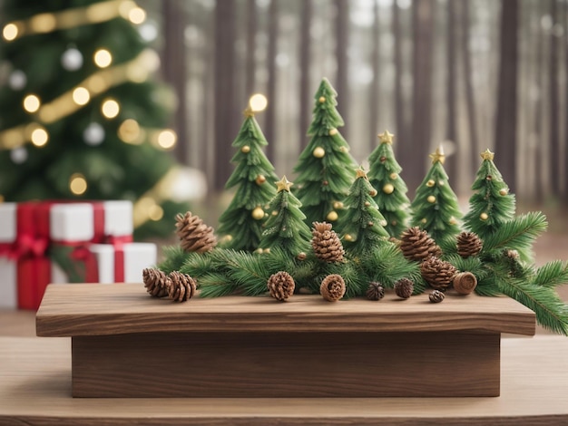 Kerstboom met dennenappels en geschenkdozen op houten tafel in het bos