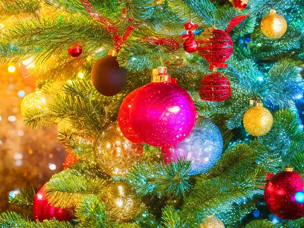 Foto kerstboom met douglas fir takken met sneeuw vallen heldere kleurrijke lichten achtergrond