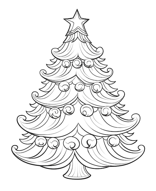 Foto kerstboom met een ster zwart-wit kleurplaat kerstboom als symbool van de geboorte van de verlosser