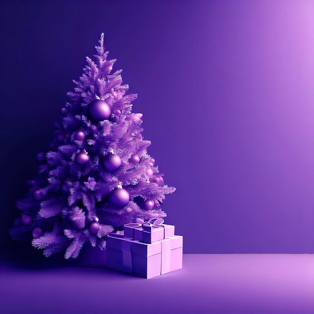 Kerstboom met geschenkdoos en ornamenten in paarse of violette compositie voor moderne podiumweergave en minimalistische mockup