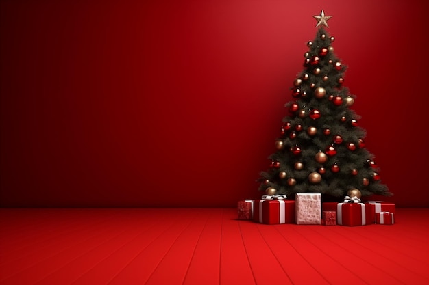 Kerstboom met geschenkdozen op rode achtergrond Kerst achtergrond met kopie ruimte voor tekst of p