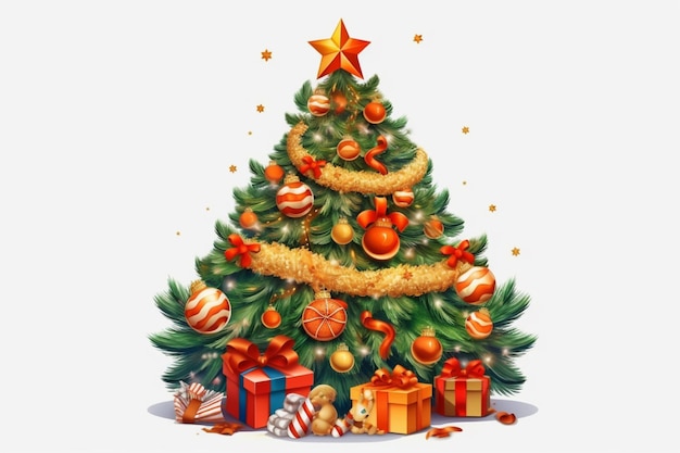 kerstboom met geschenken en een ster bovenop generatieve ai