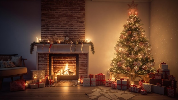 Kerstboom met geschenken in de buurt van de open haard in de kamer Kerst achtergrond