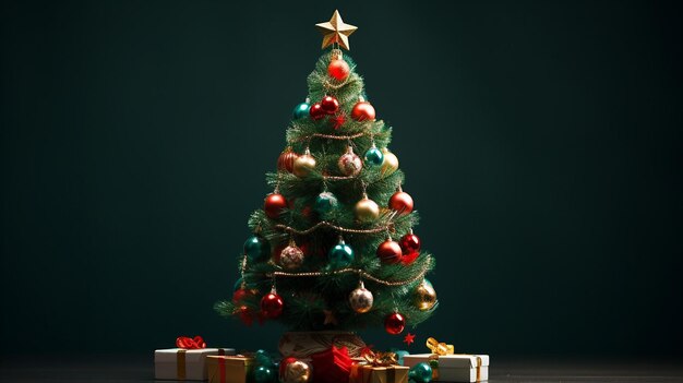Kerstboom met geschenken op zwarte achtergrond