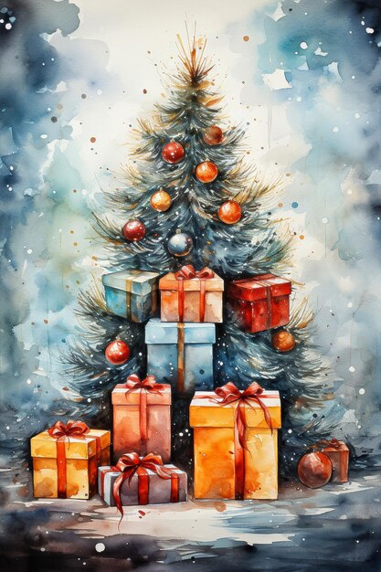 Foto kerstboom met geschenkkistjes aquarel schilderij kerst achtergrond