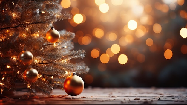 Kerstboom met gouden ballen en bokeh lampjes op de achtergrond