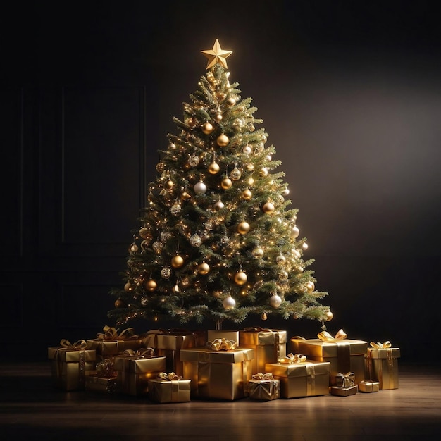 Kerstboom met gouden kerstballen en cadeautjes