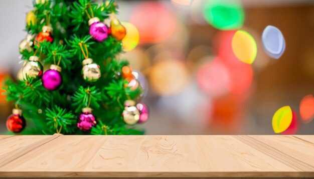 Kerstboom met houten tafel en Blur-achtergrond vóór kerstdag