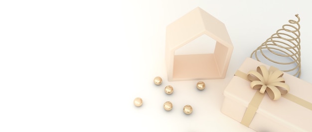 Kerstboom met huisje Gouden bol bal, een geschenkdoos en crème achtergrond. 3D-weergave