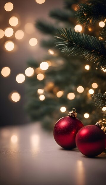 Kerstboom met kerstballen en verlichting bokeh achtergrond