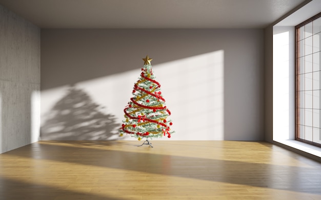 kerstboom met kleurrijke ballen grijze muur achtergrond met veel kopieerruimte voor tekst Nieuwjaar