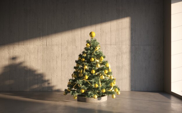 kerstboom met kleurrijke ballen grijze muur achtergrond met veel kopieerruimte voor tekst Nieuwjaar