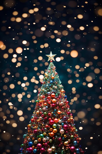 Kerstboom met kleurrijke ornamenten op een donkere achtergrond