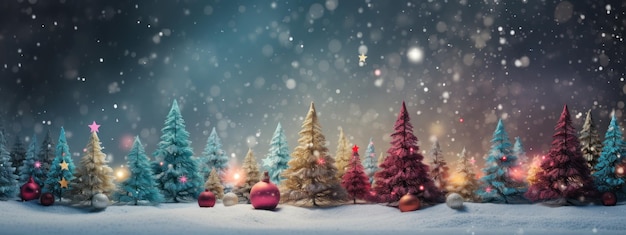 Kerstboom met kleurrijke sneeuw die over de achtergrond valt