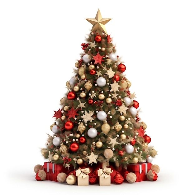 Kerstboom met kleurrijke versieringen Vakantie geïsoleerd op een witte achtergrond