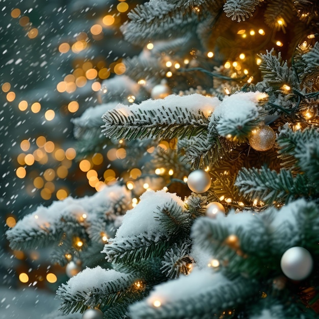 Kerstboom met lichten en versieringen bedekt met sneeuw