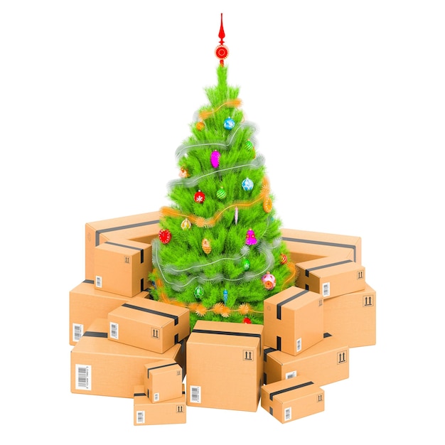 Kerstboom met pakjes Geschenk levering concept 3D-rendering