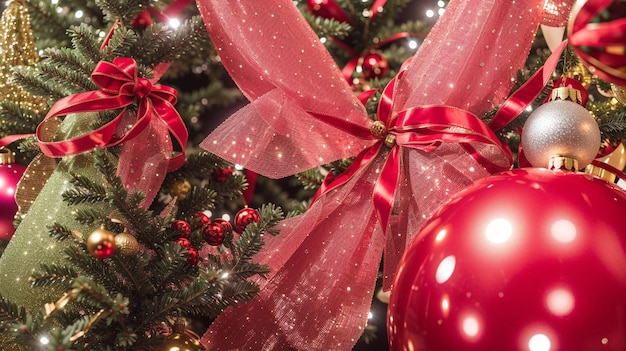 Kerstboom met rode kerstballen en linten close-up