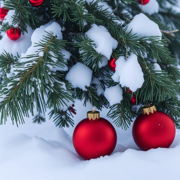 Kerstboom met rode kerstballen op sneeuw achtergrond Christmas wenskaart