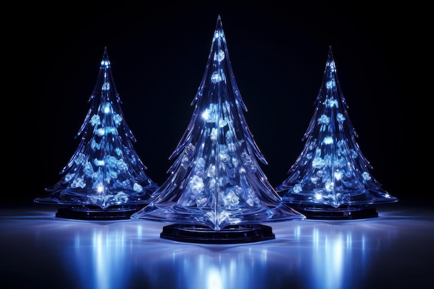 Foto kerstboom met schitterend licht met vallende deeltjes sneeuwvlokken en sterren 3d rendering blauwe rug