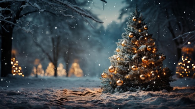 Kerstboom met speelgoed een besneeuwd bos