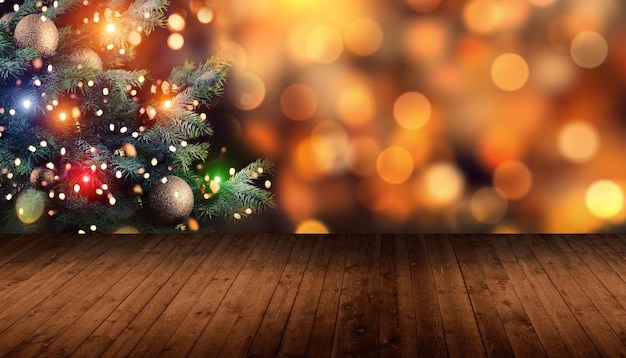 Kerstboom met verlichting bij de open haard Vage achtergrond met verlichtingslichten op houten achtergrond