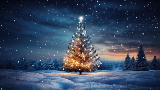 Kerstboom met verlichting in winterbos met sneeuw op ijzige kerstnacht Prachtig wintervakantielandschap